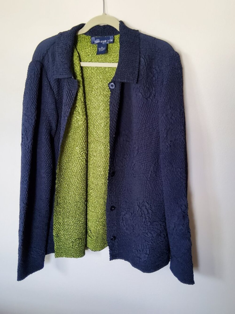 Susan Graver Navy & green textured lightweight open front cardigan size XL